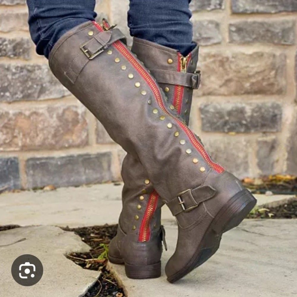 New Journee Spokane Riding Boots Camel Knee-High Boots with Red Accents